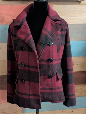Maralyn & Me Burgundy and Black Plaid Double-Breasted Peacoat